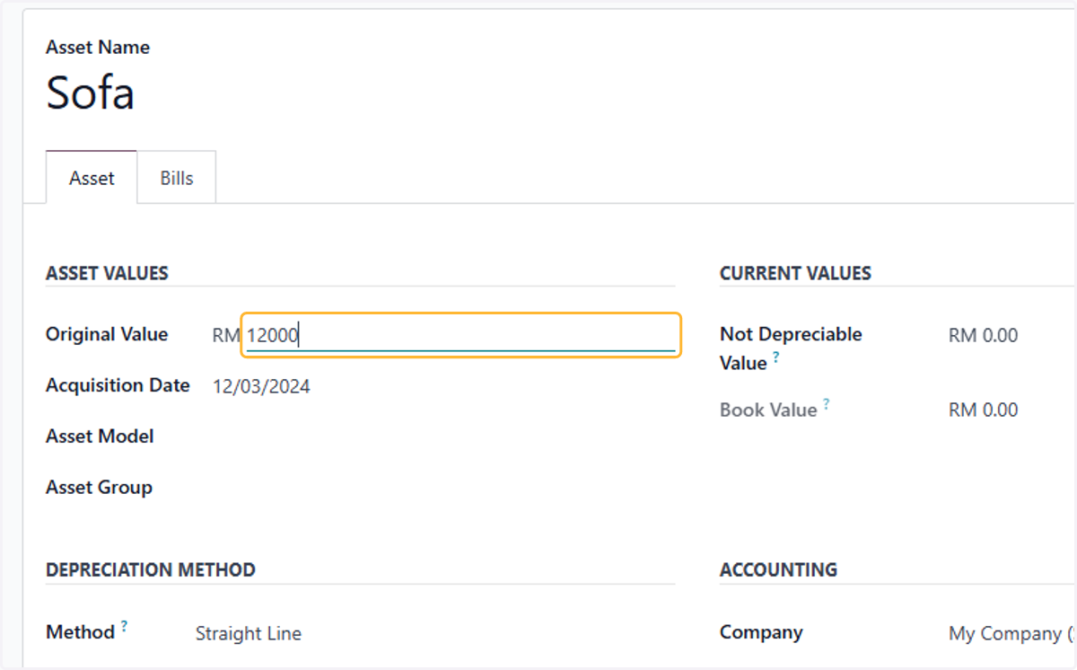 Fill in Value of asset