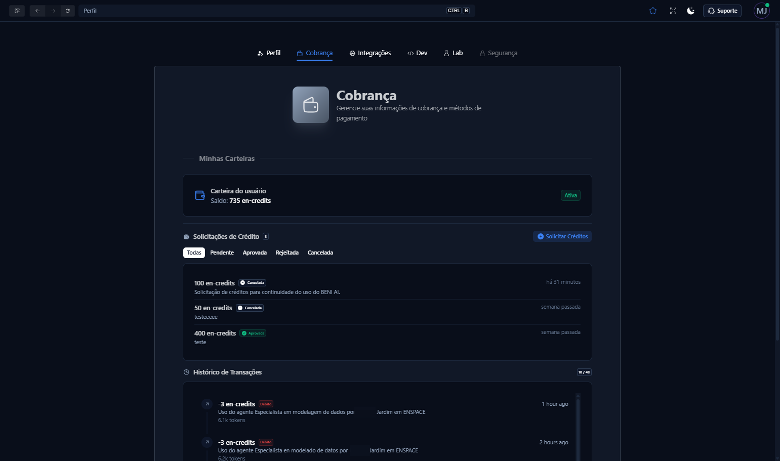 Se precisar de mais créditos, clique na opção Solicitar Créditos
