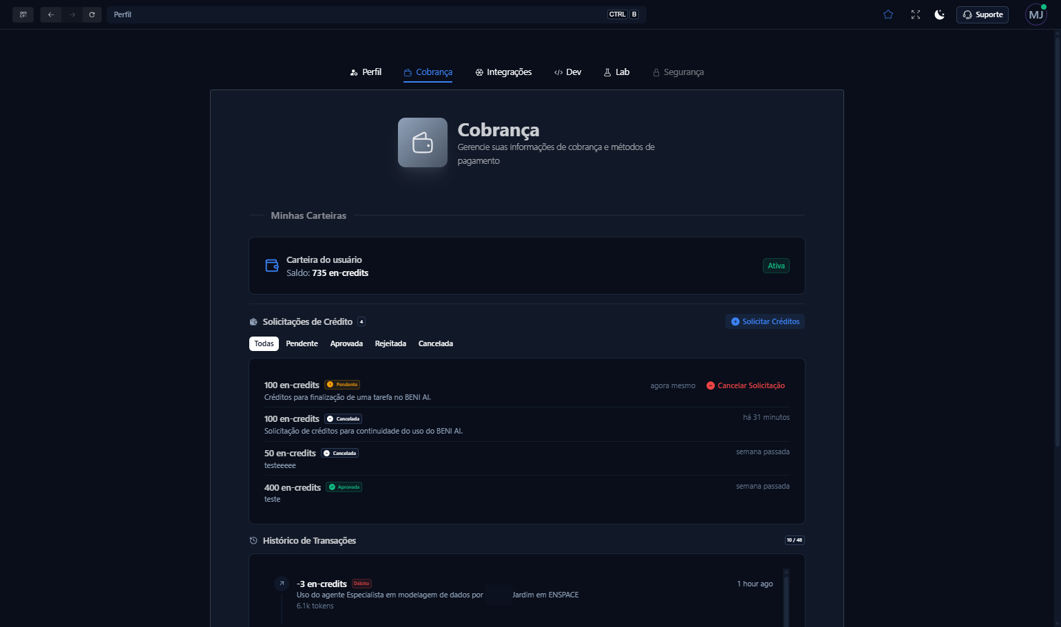 Sua solicitação já aparece listada na seção