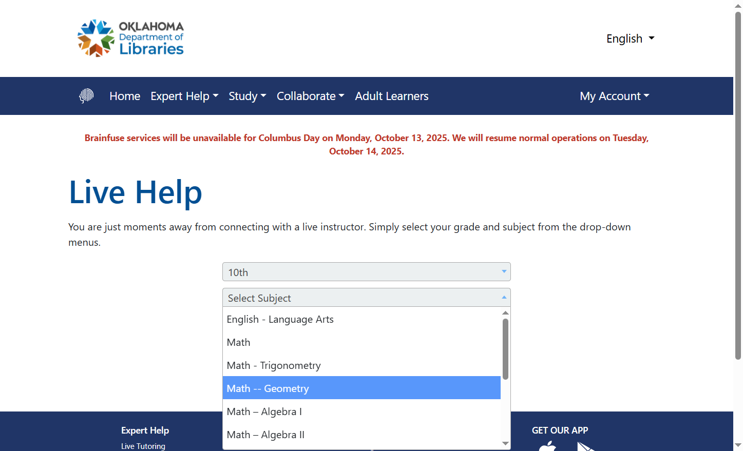 Click on "Select Subject" and choose the subject you need help in.