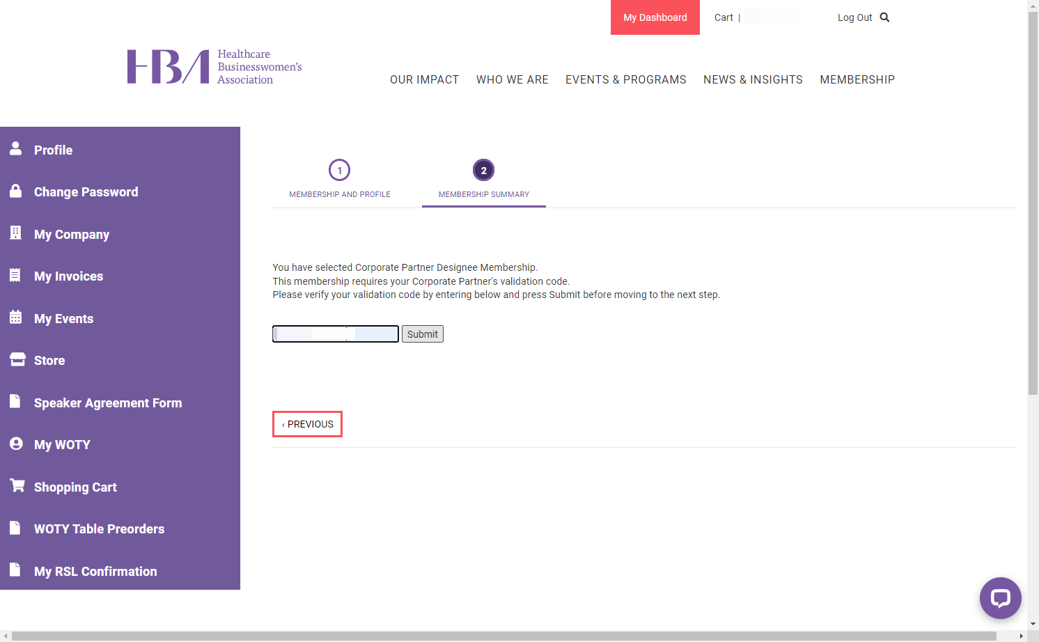 Enter the validation code for your designee membership and click submit