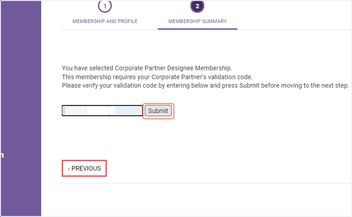 Enter the validation code for your designee membership and click submit