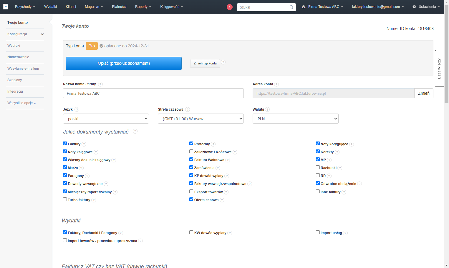 Numer ID swojego konta znajdziesz w prawym, górnym rogu strony Twoje konto pod menu głównym. Jest to jedna z danych po adresie e-mail i prefixie (nazwie) konta, która wskazana Operatorowi pozwoli w łatwy sposób znaleźć konto, którego dotyczy zgłoszen