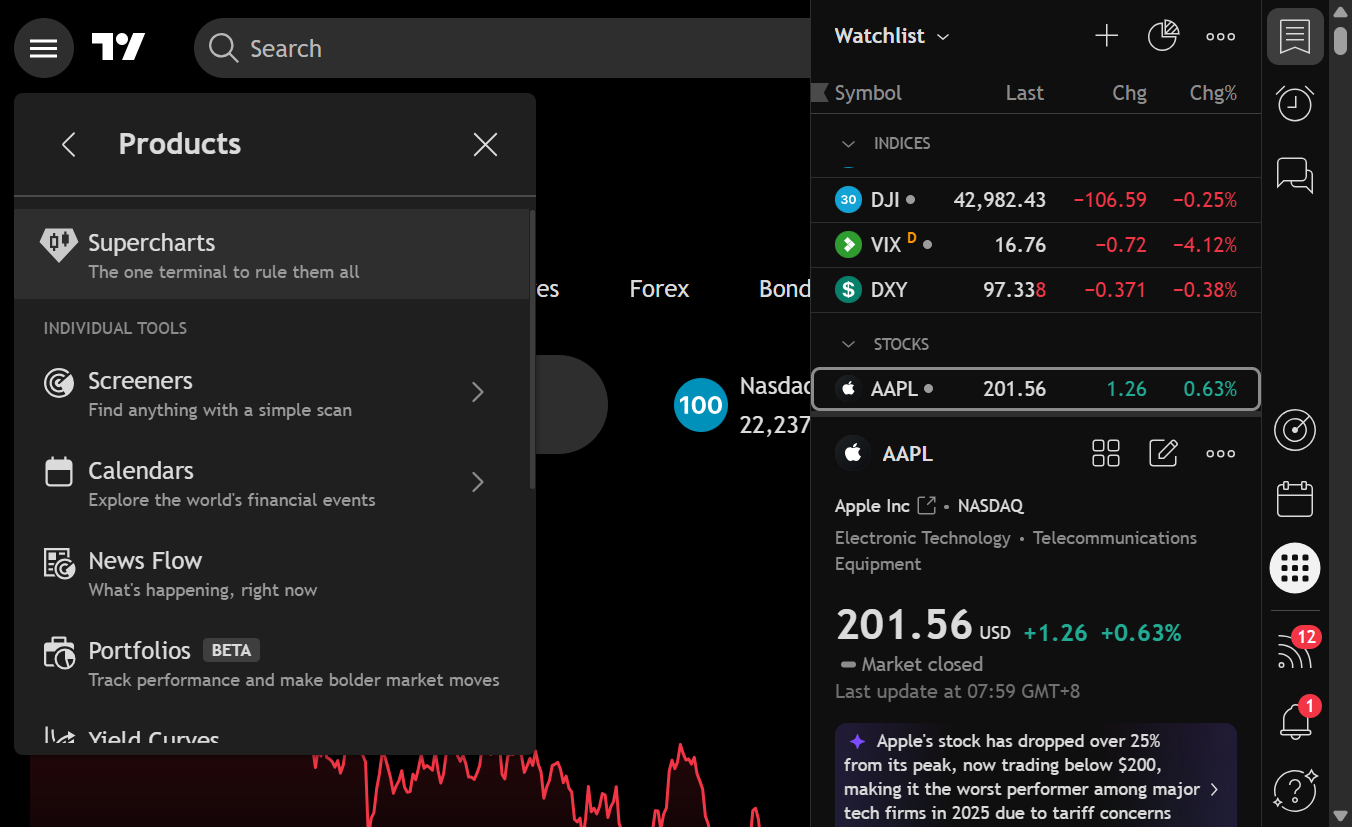 In the dropdown menu, select “Supercharts” — this will open the full-featured chart workspace.