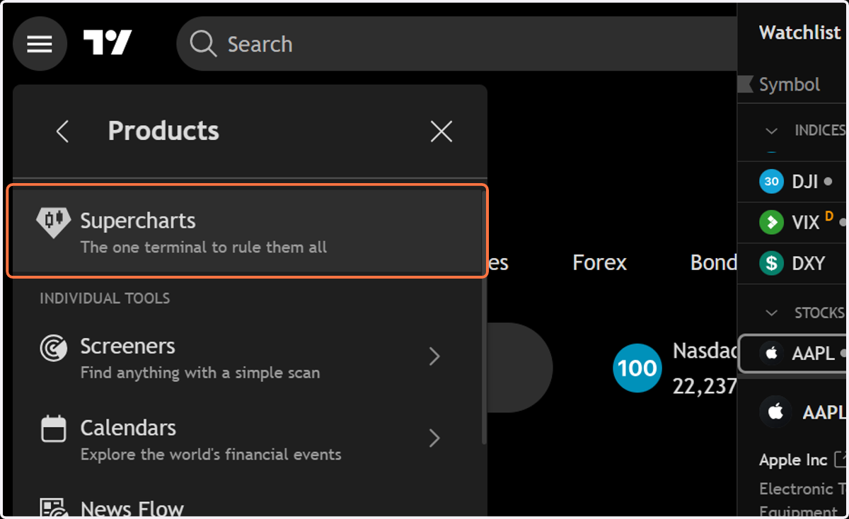 In the dropdown menu, select “Supercharts” — this will open the full-featured chart workspace.