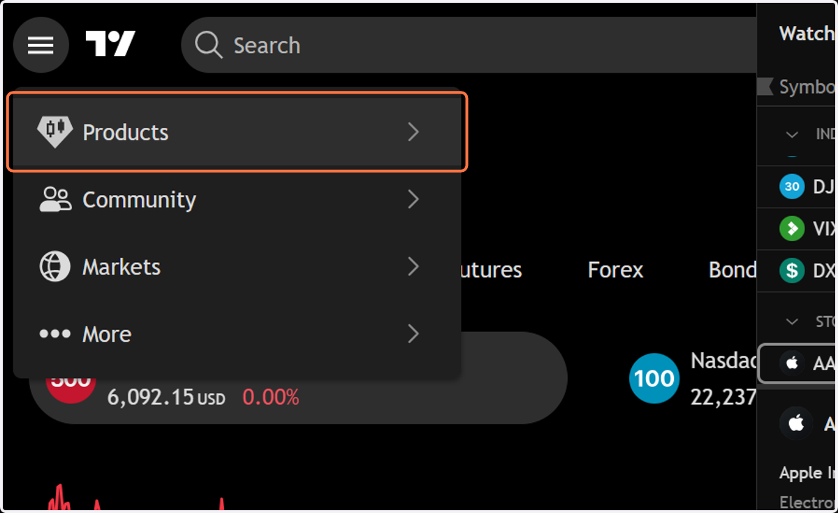 Hover and click on Products