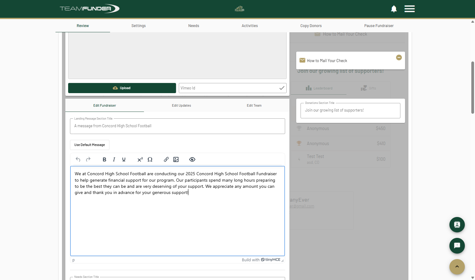 Click into landing message box and make any changes.