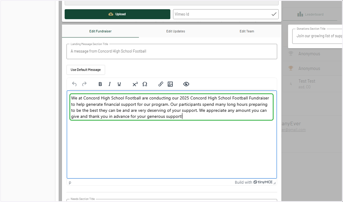 Click into landing message box and make any changes.