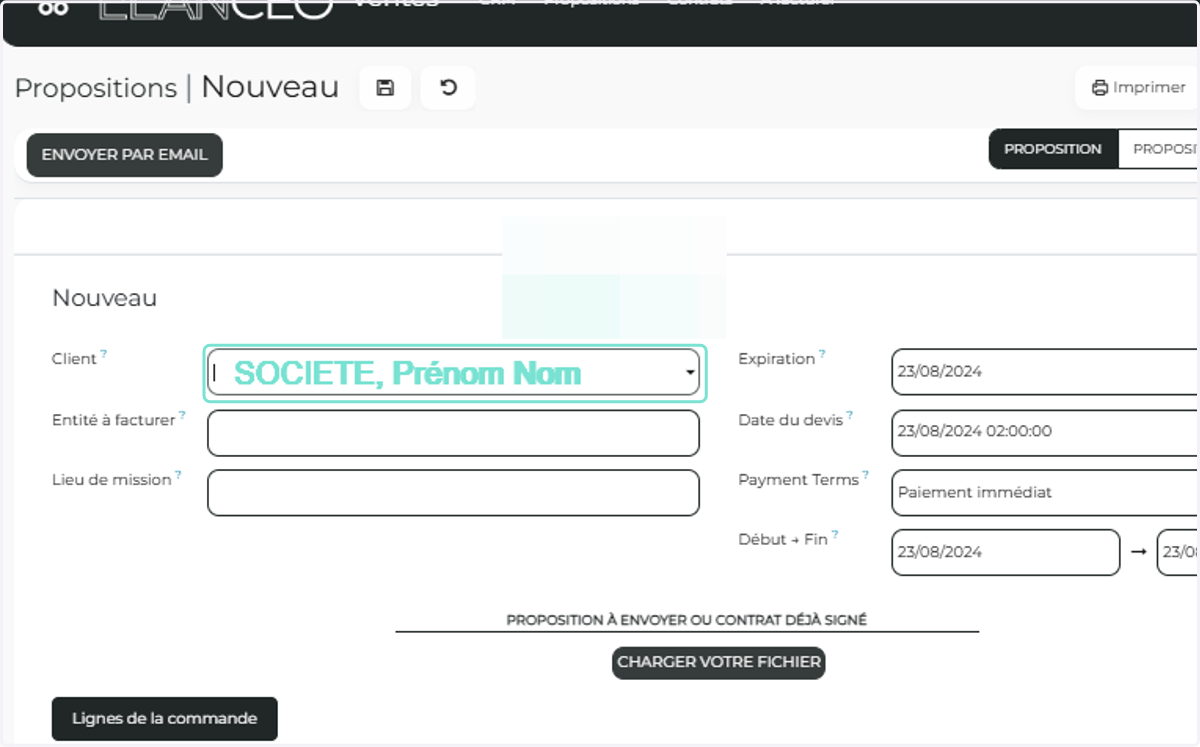 Renseigner le nom du client, si vous adressez cette proposition à une personne faisant partie d'une société, il faut chercher la personne pour que la signature électronique puisse se faire.