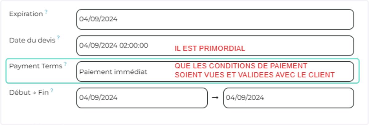 IMPORTANT : Vérifier avec son client les conditions de paiement habituelles/négociées pour que les relances automatiques soient cohérentes.