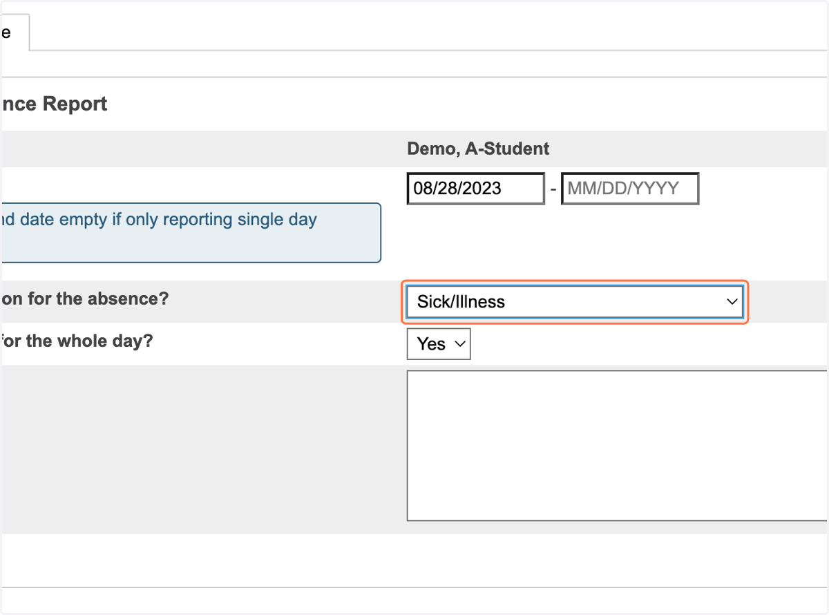 Select the reason for the absence