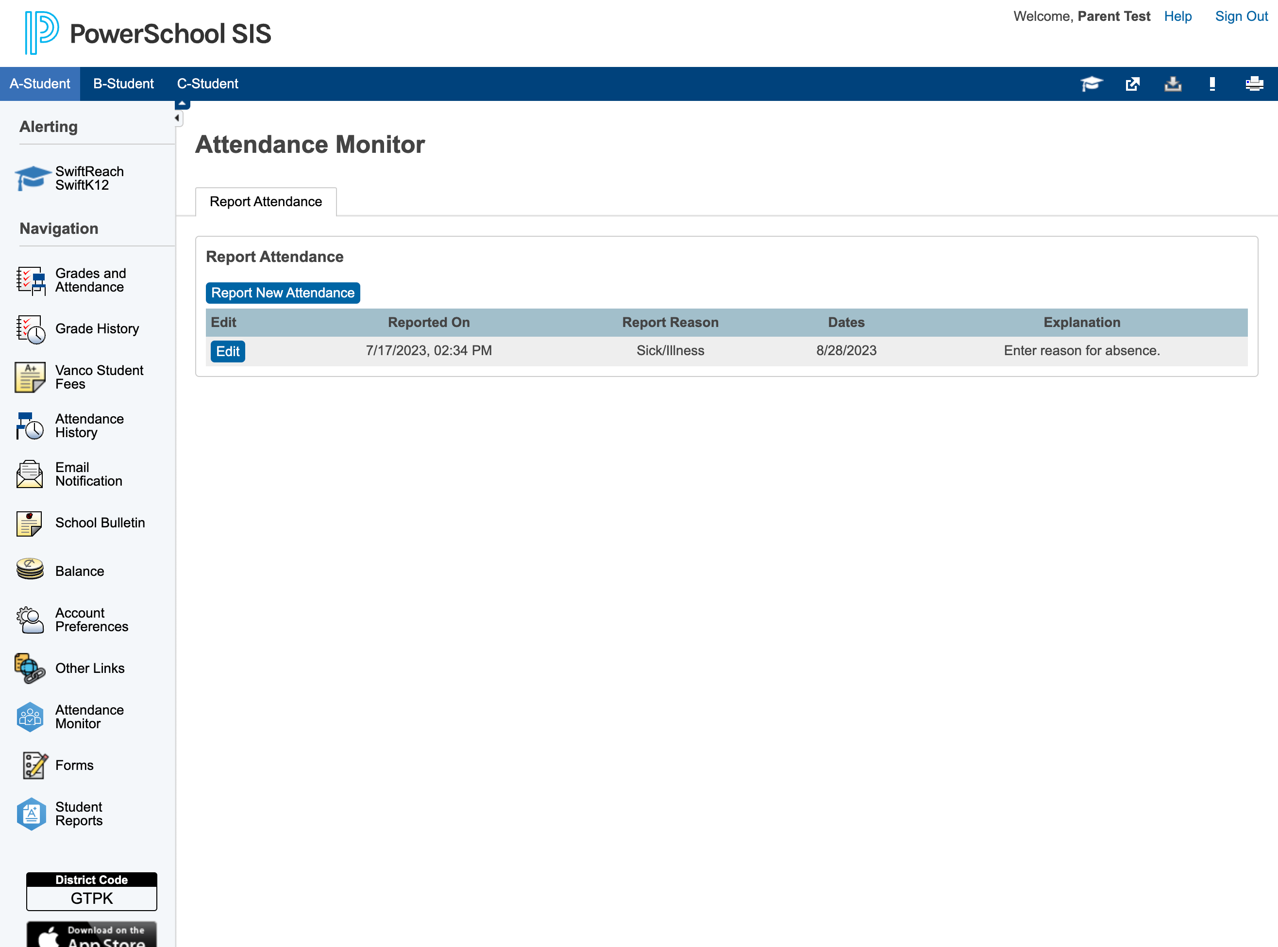 You can view all your reported absences for your student