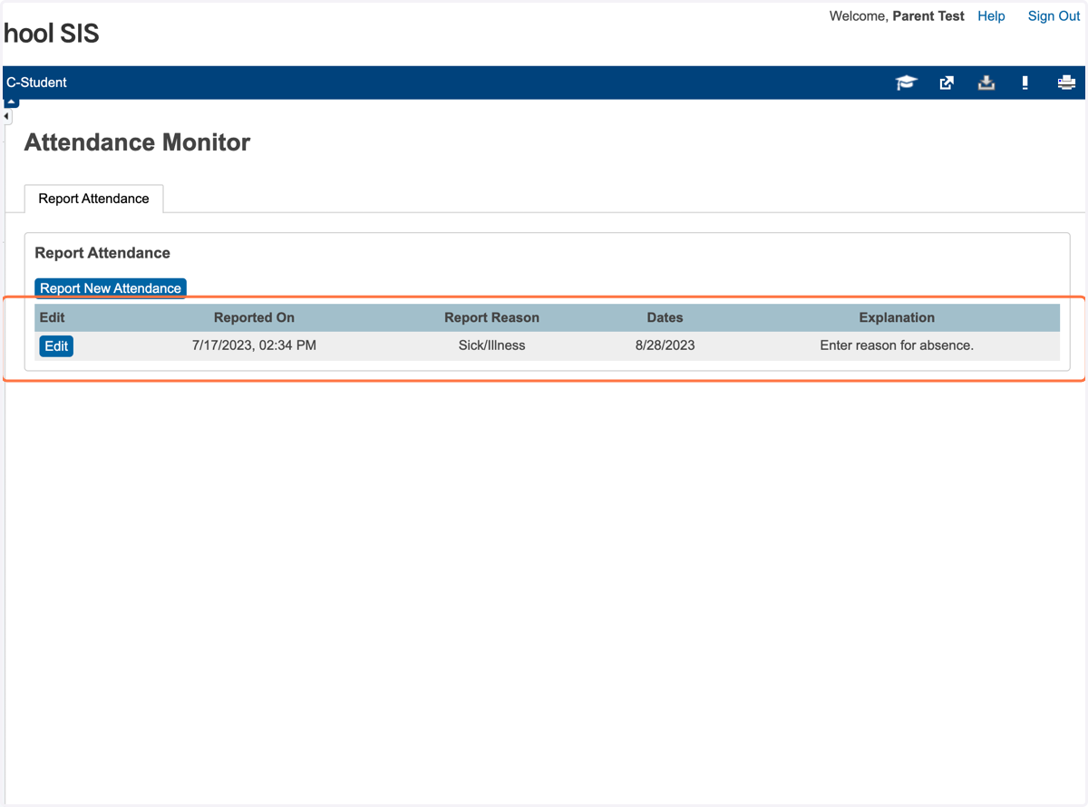 You can view all your reported absences for your student