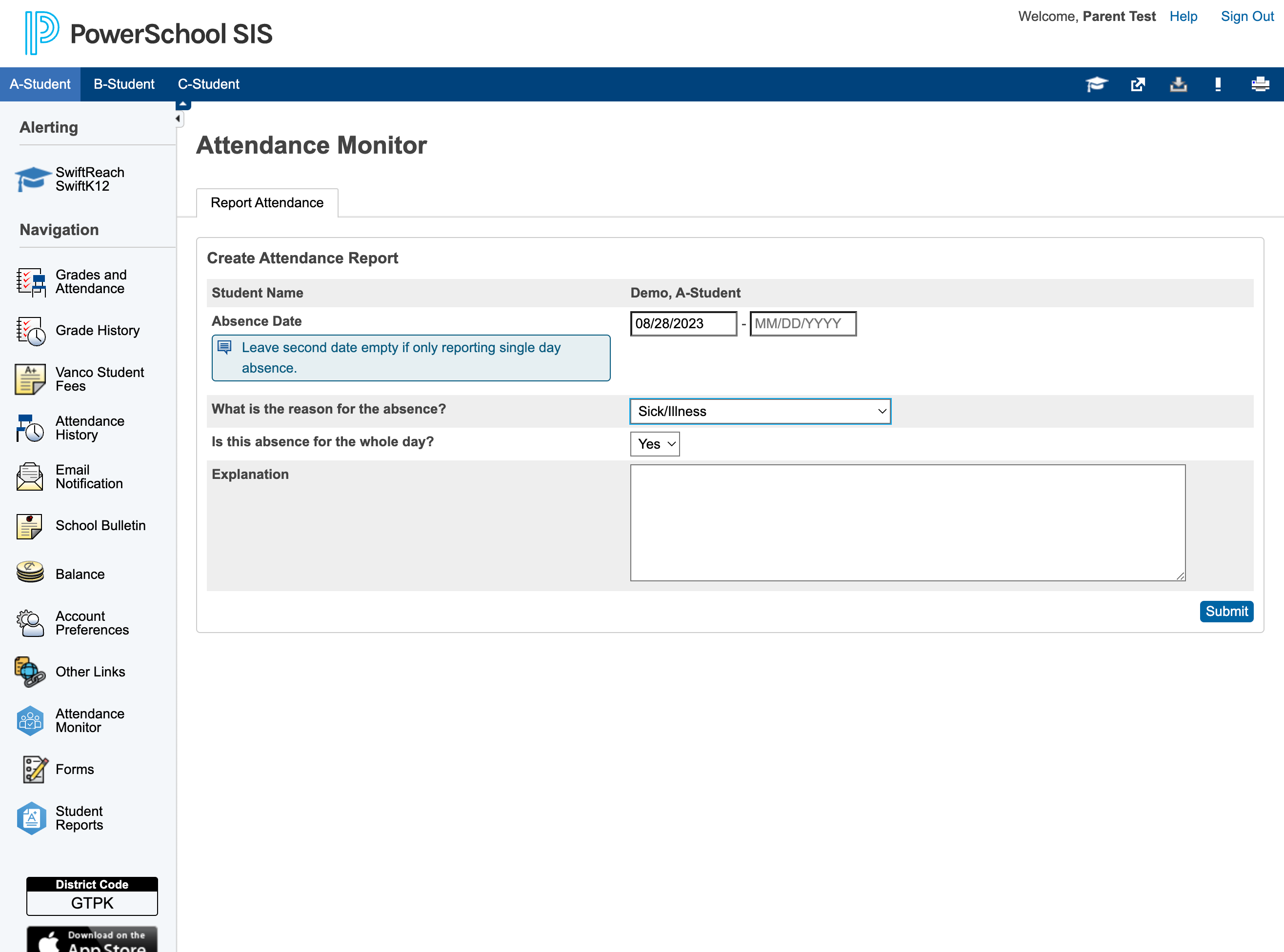 Click on MM/DD/YYYY and enter the date of the absence