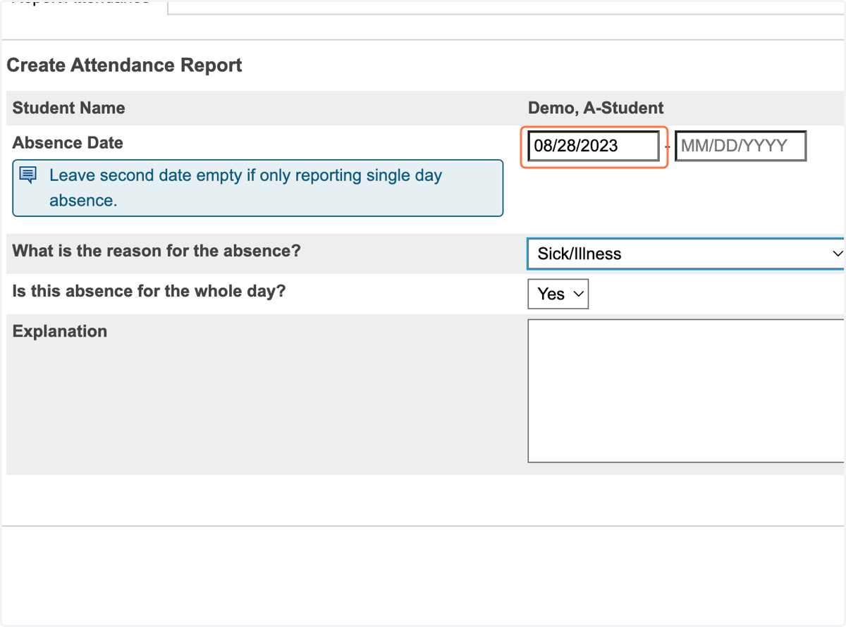 Click on MM/DD/YYYY and enter the date of the absence