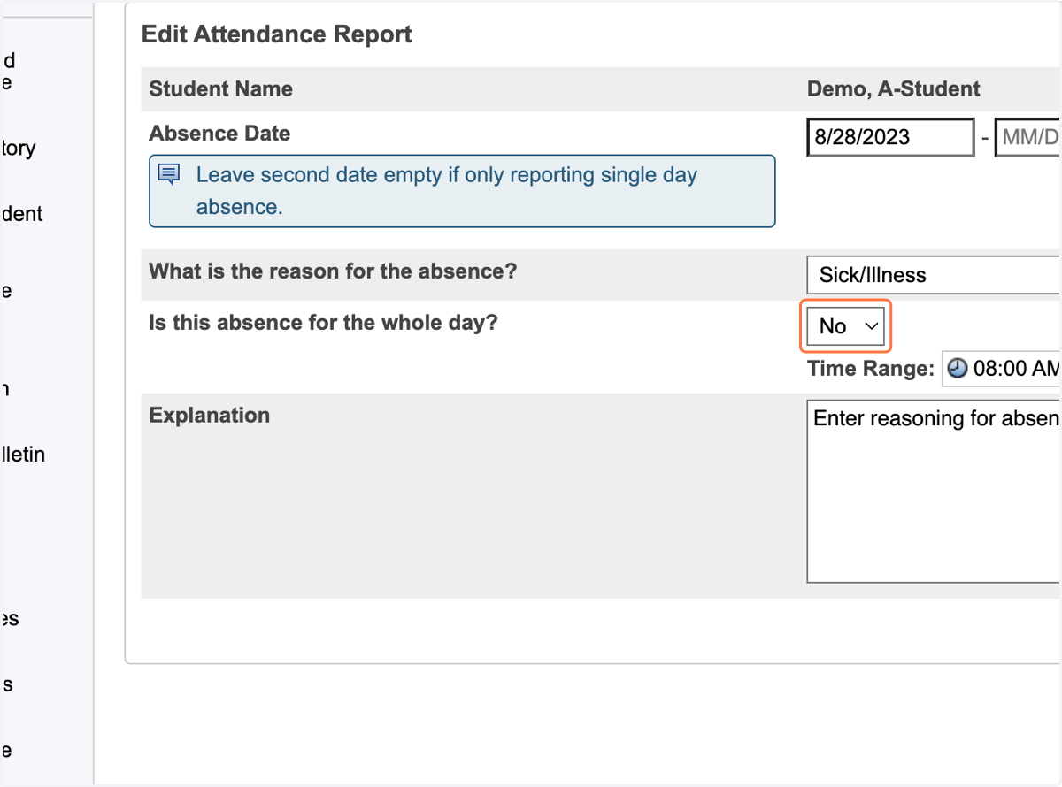 Select No for "Is this absence for the whole day?"