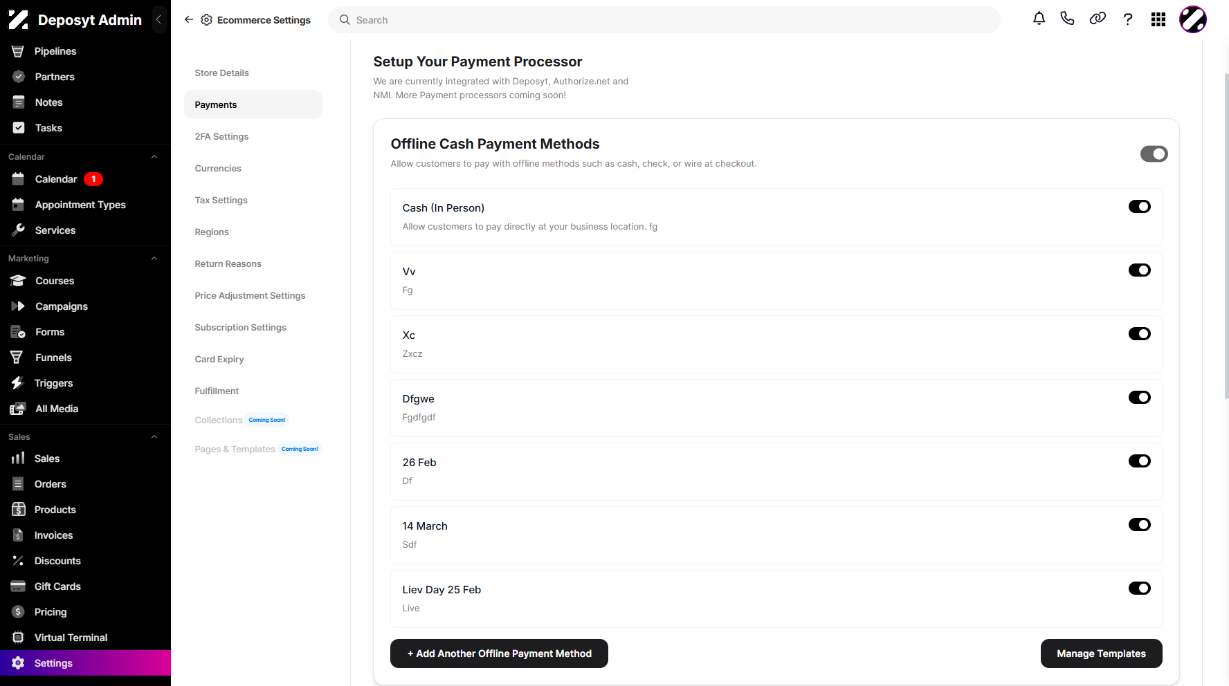 Step 5: You can toggle the available payment methods switch on or off to enable or disable them in the offline cash payment methods dropdown menu.