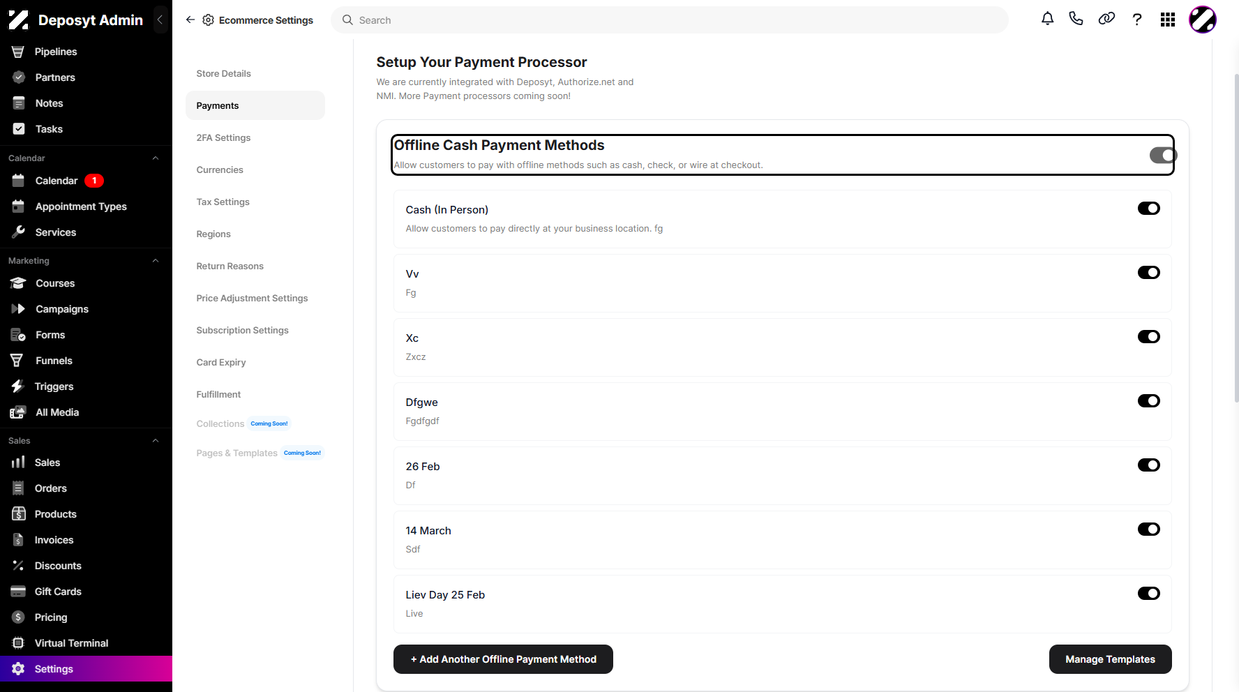 Step 5: You can toggle the available payment methods switch on or off to enable or disable them in the offline cash payment methods dropdown menu.