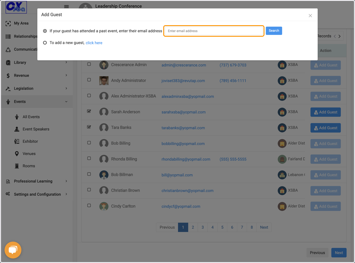 If the guest has attended previously then search their email address here
