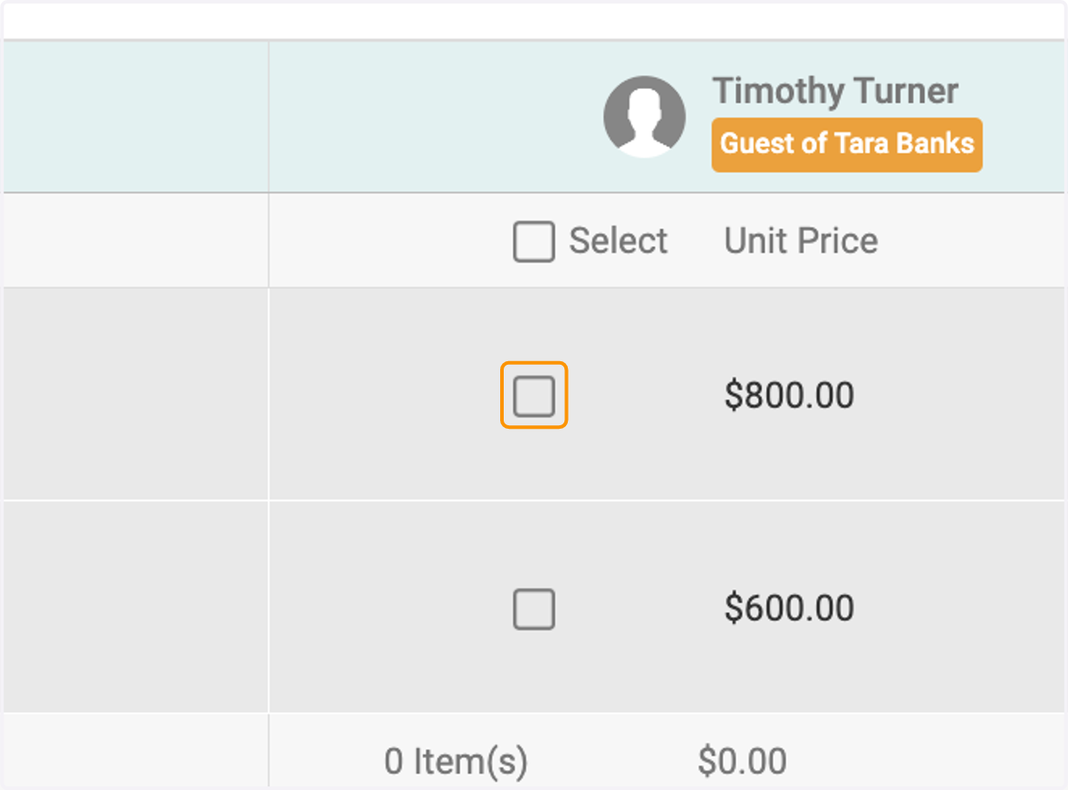 Select the bundles or options for each attendee and guest