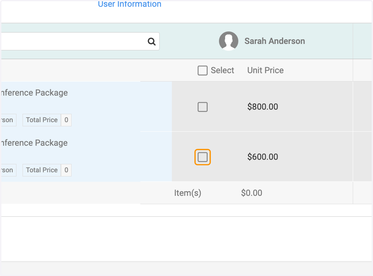 Select the bundles or options for each attendee and guest