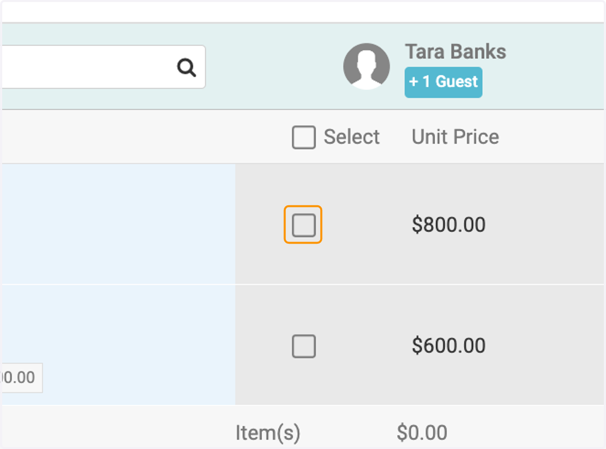 Select the bundles or options for each attendee and guest