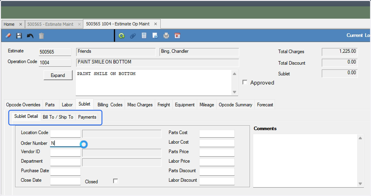 If the job is Sublet, enter the information on the Sublet tab