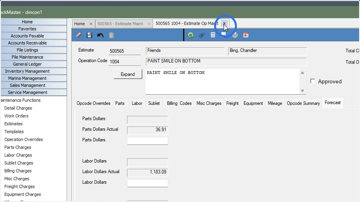 Close the Estimate Op Maint tab