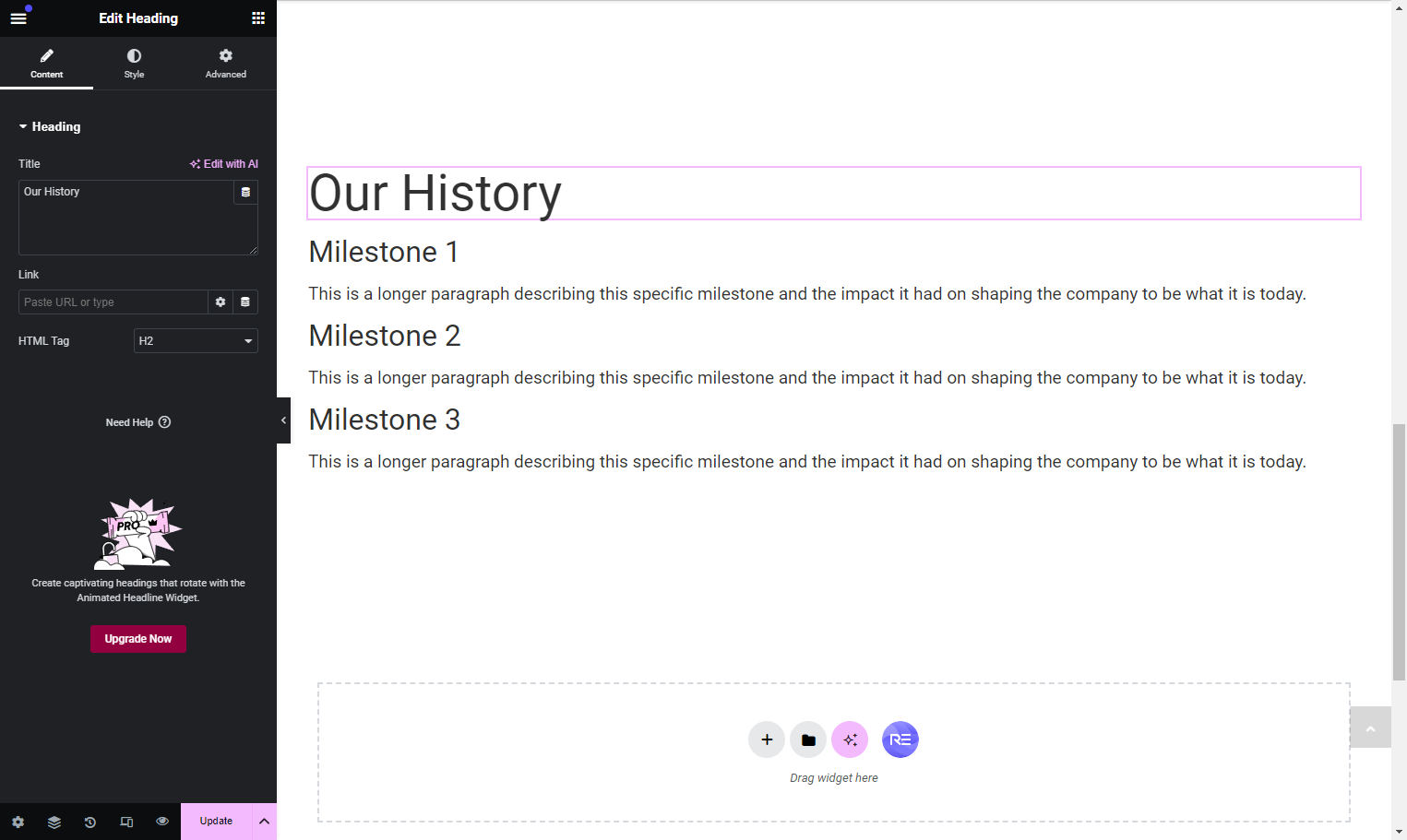 Paste the milestone text into each of the corresponding placeholders