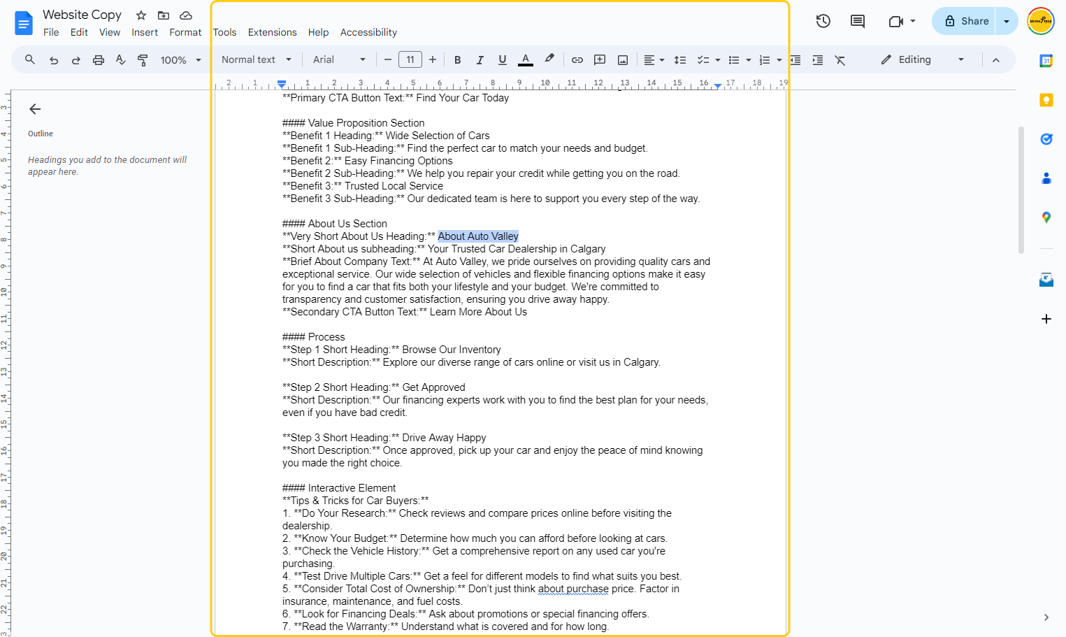 Return to your Website Copy Doc and highlight and copy the about us heading, sub heading, and description
