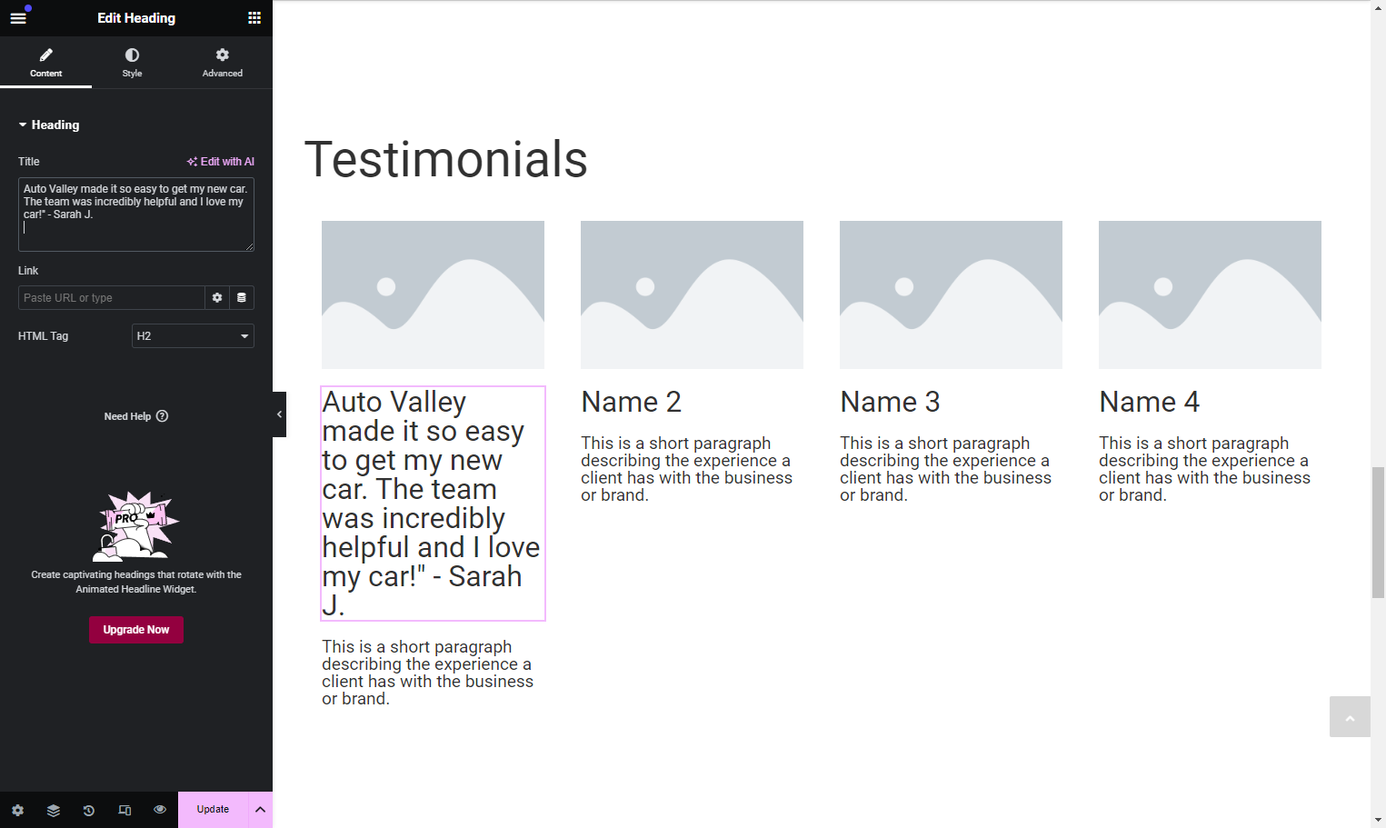 Paste the Testimonials into their corresponding placeholders