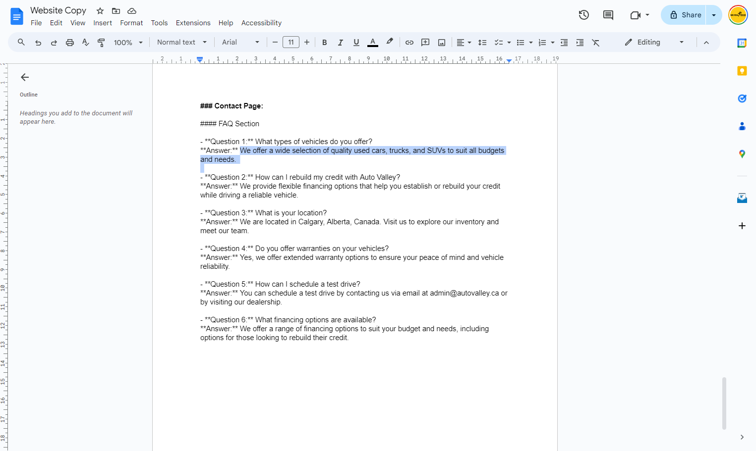Highlight and copy each of the answers to the questions