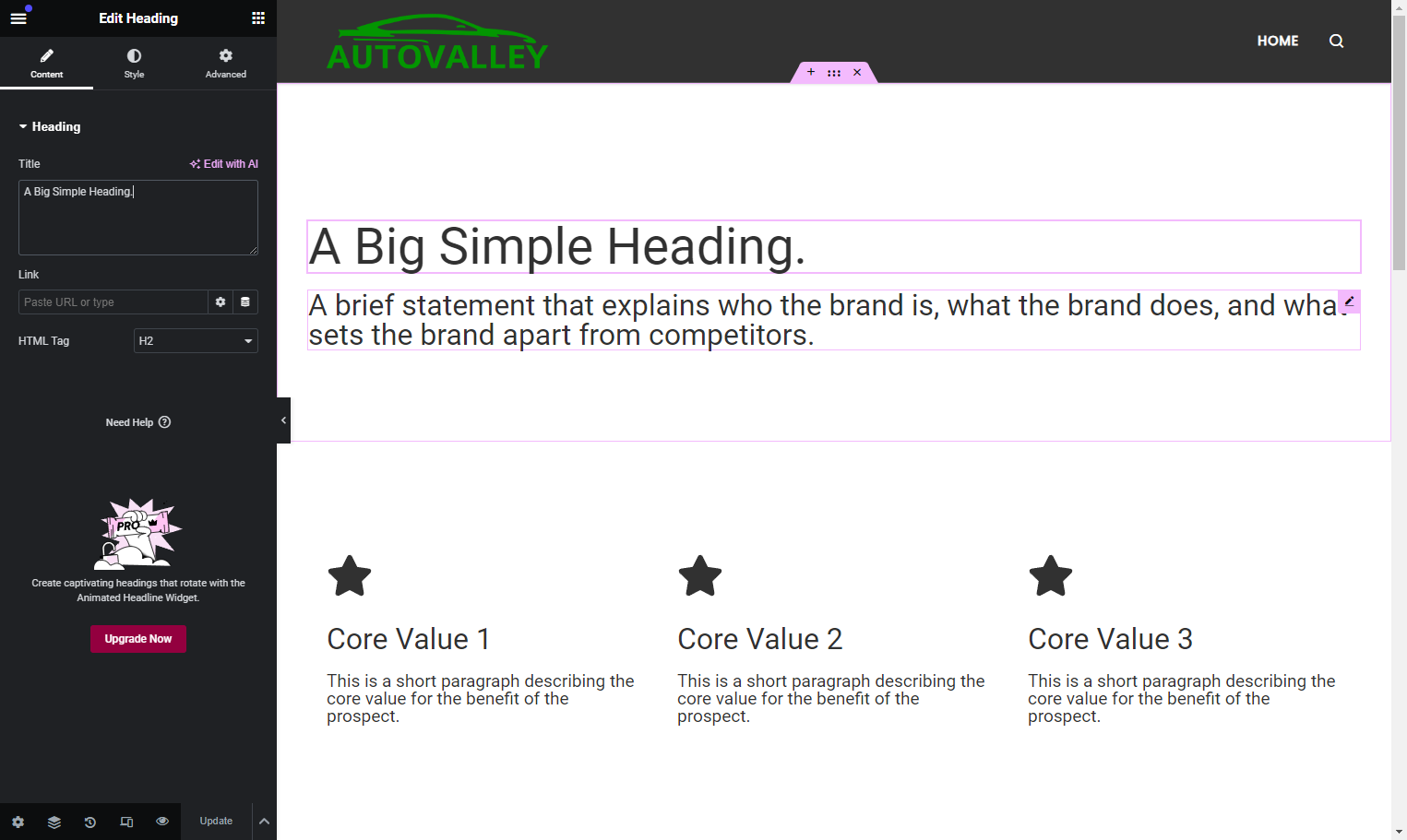 Click on the Paragraph element below the heading to reveal new options in the Left Side Toolbar