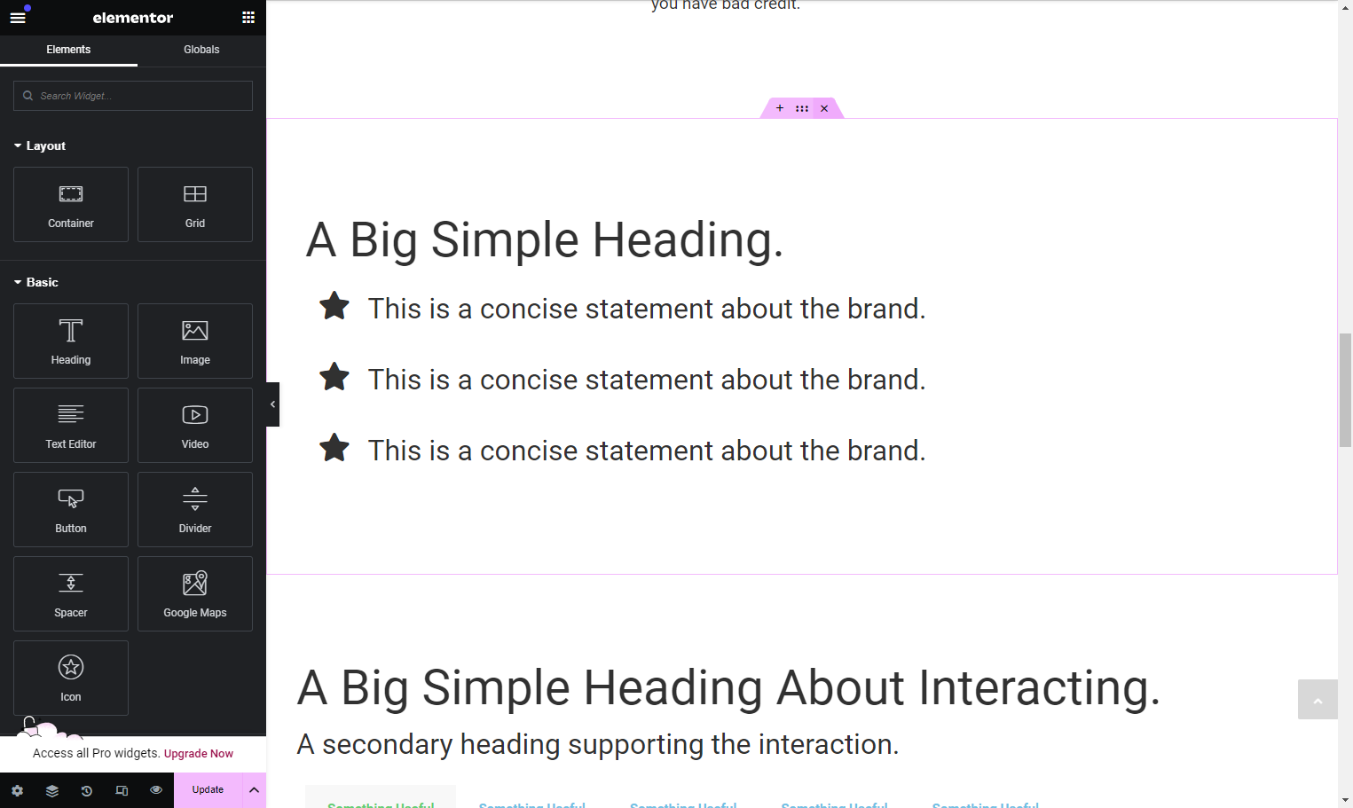 If there is a bullet section in the Website Copy Document highlight, copy, and paste the corresponding text into the appropriate placeholders. (If not click the (x) that appears when you hover over the top of the section