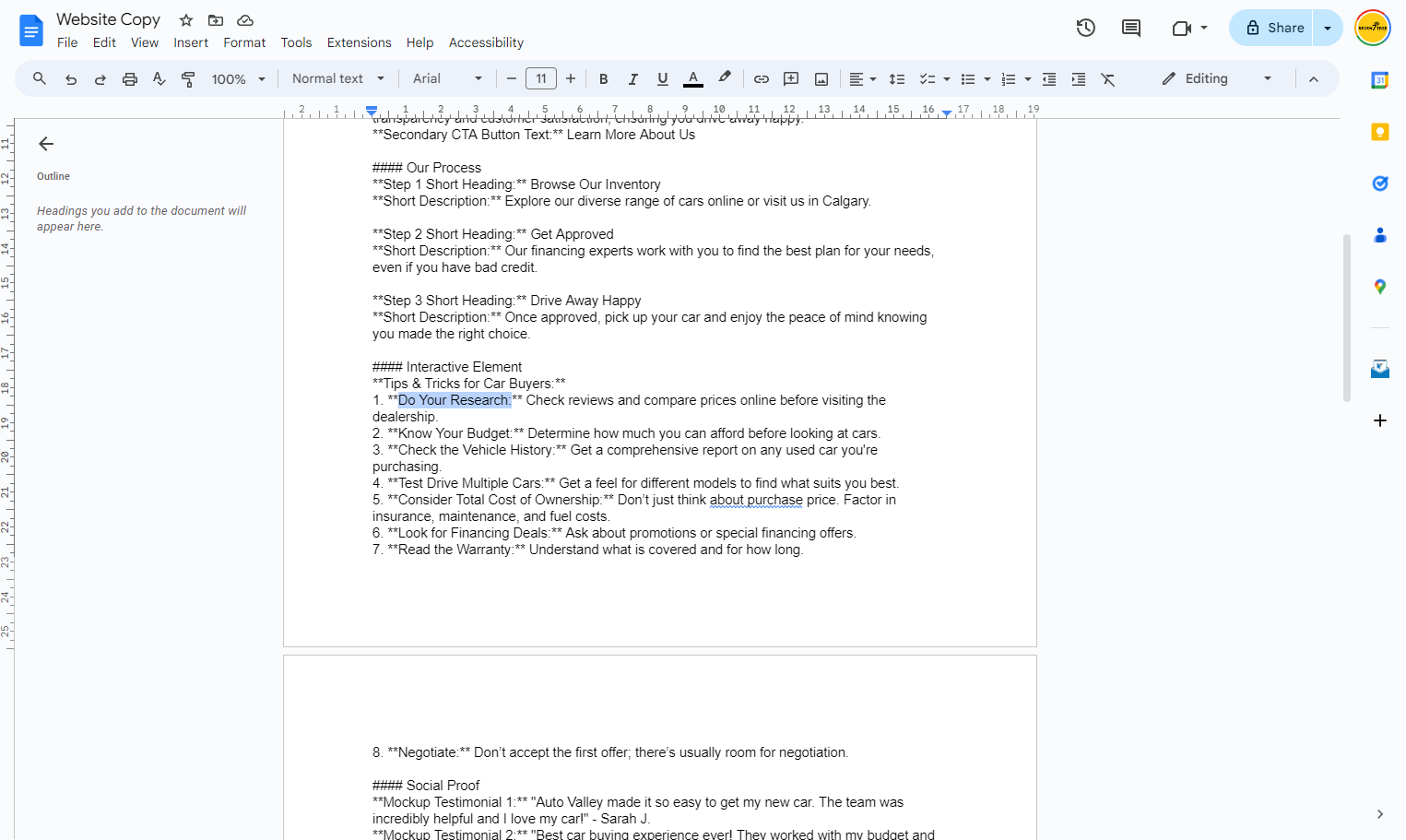 Copy each of the headings and descriptions