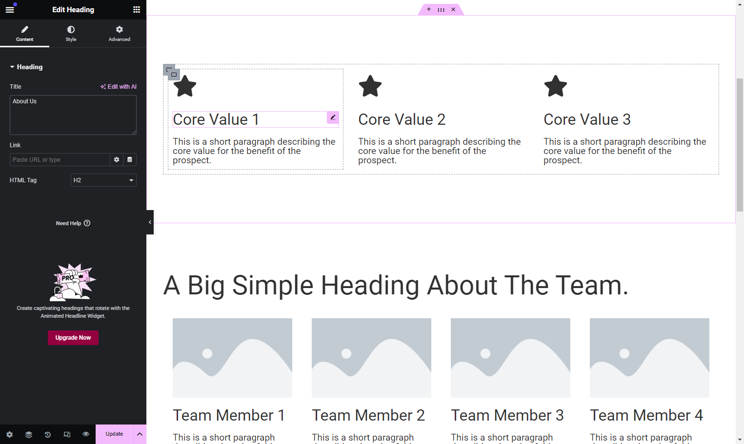 Paste in the corresponding core values in the available headings