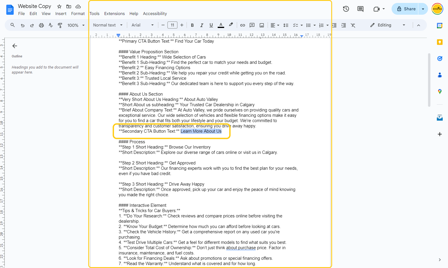 Copy the CTA Button Text from the Website Copy Doc