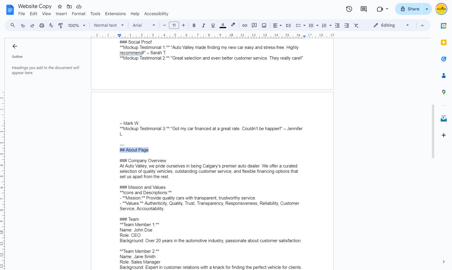 Return to your Website Copy Document and look for the About Page area