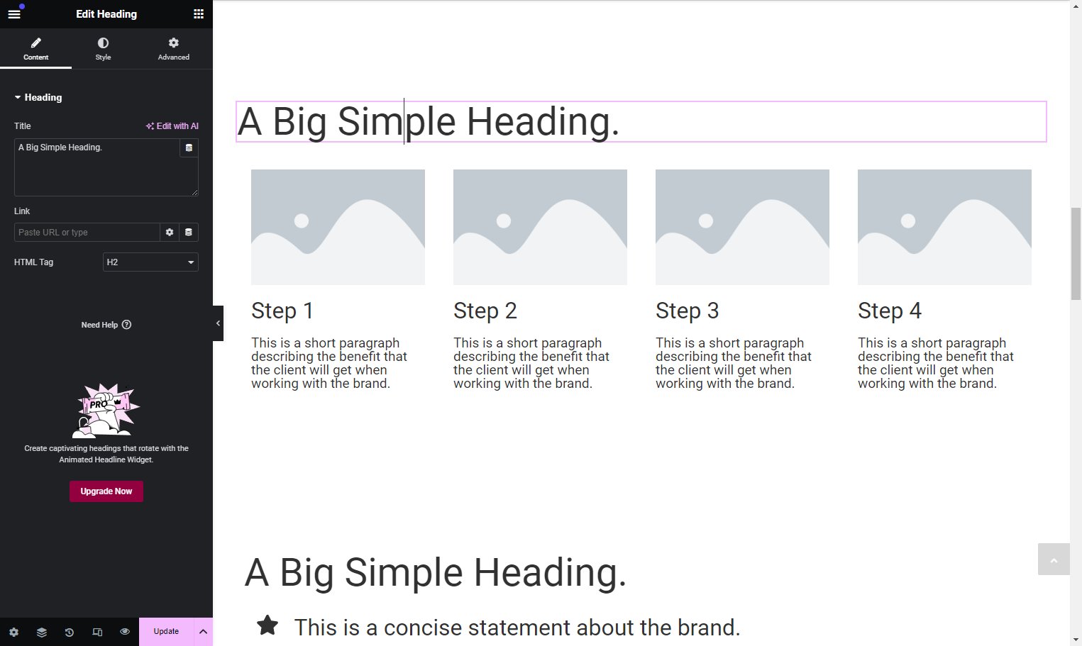 Paste the text into the Heading element
