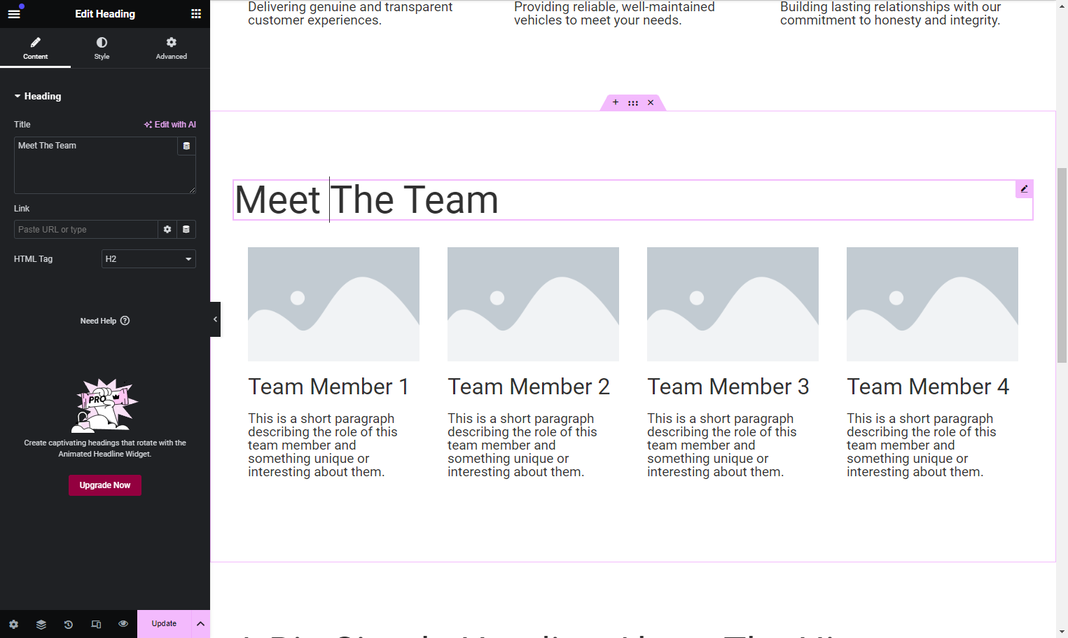 Scroll down to the Team section and replace the heading with Type Meet The Team​