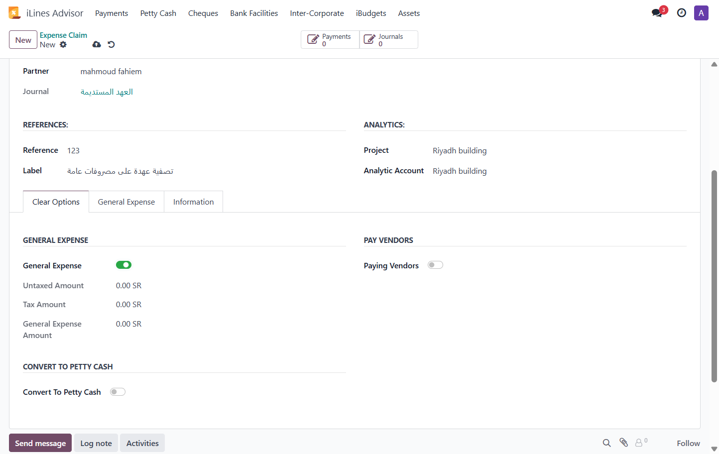 Select the type of claim, for example: General Expense.