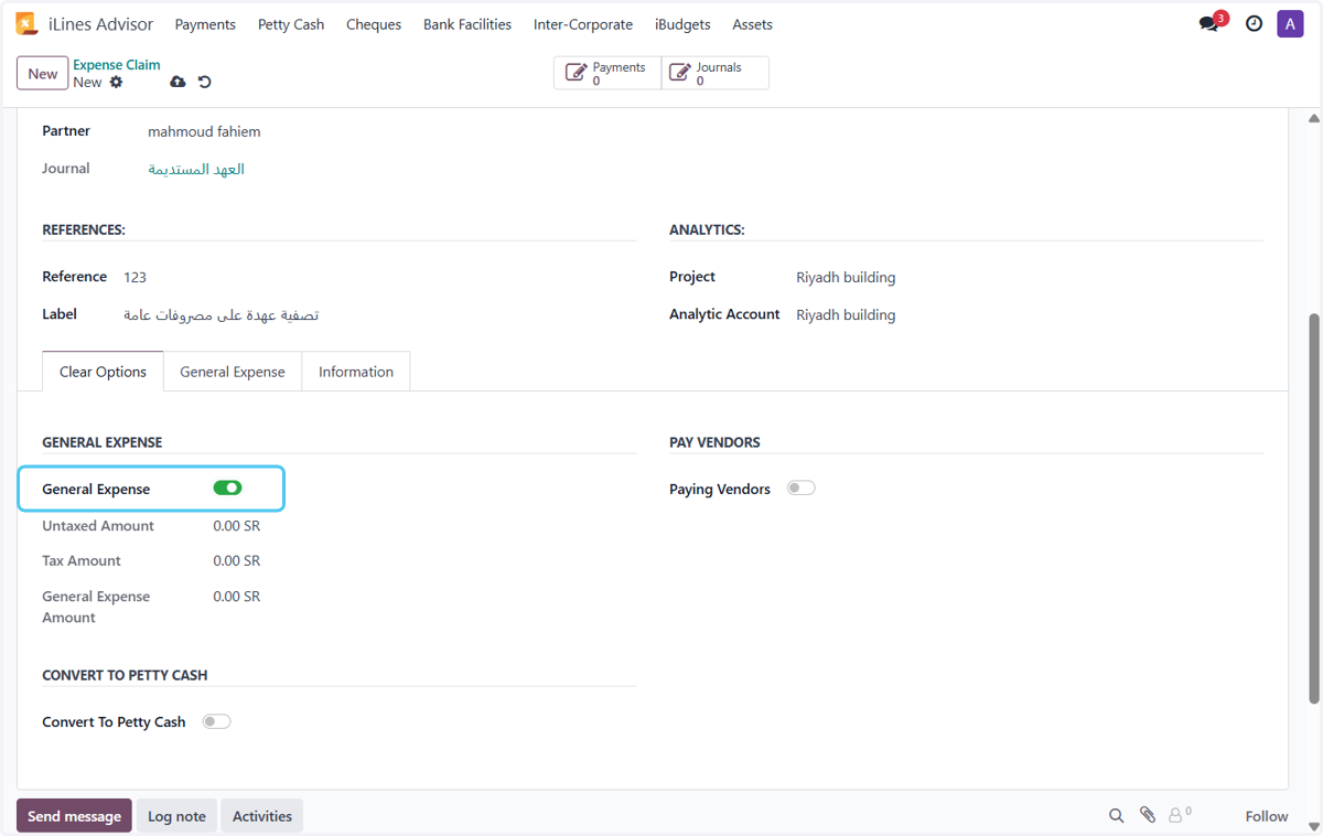 Select the type of claim, for example: General Expense.