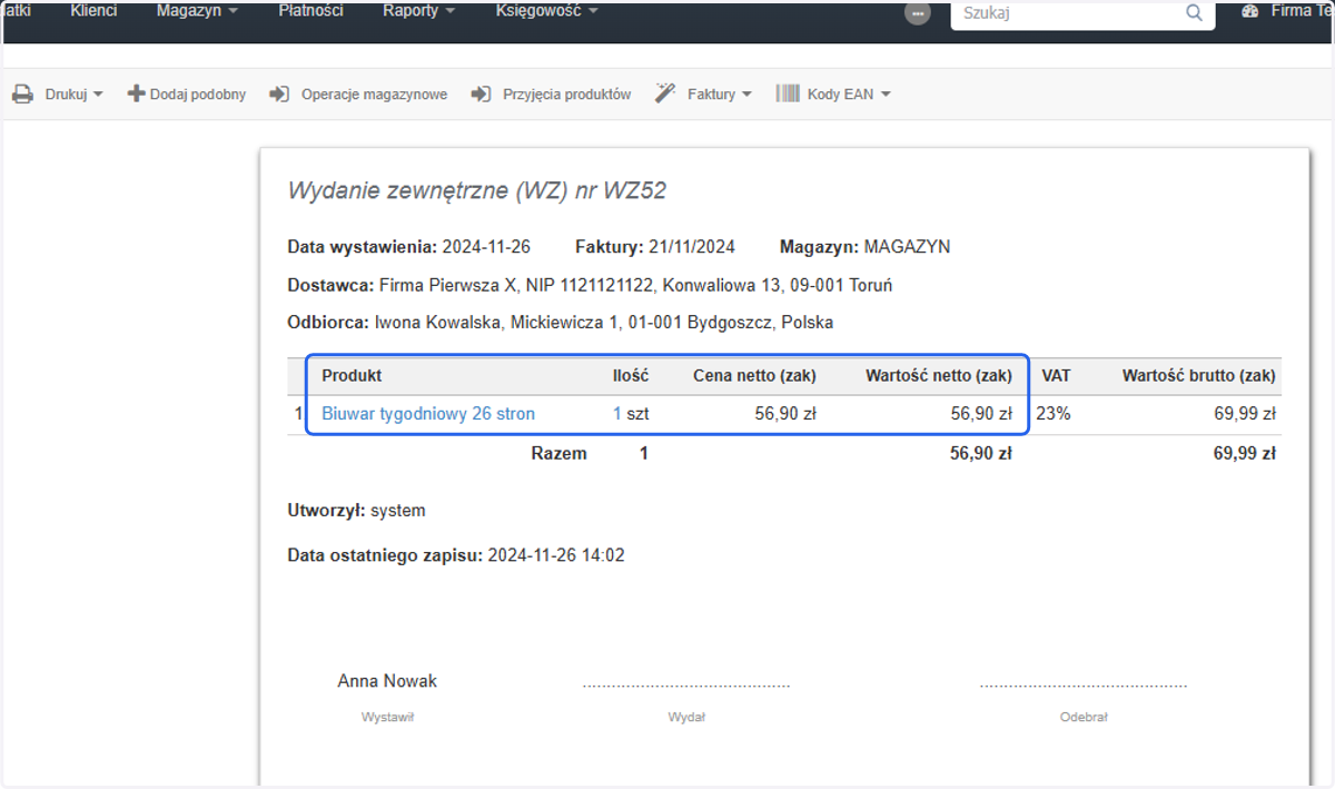Natomiast cena zakupu produktu zostanie zaczytana z dokumentu magazynowego PZ. Informacja o tej cenie jest również na dokumencie WZ, które po FIFO łączy się z właściwym przyjęciem i z niego zaczytuje cenę zakupu.