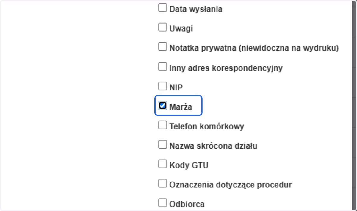 Na liście opcji do aktywacji zaznacz checkbox przy opcji 'Marża'.