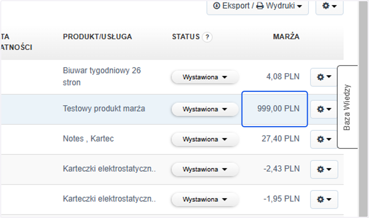 Marża na podstawie ceny sprzedaży z faktury i ceny zakupu z karty produktu pojawi się na liście faktur w dedykowanej kolumnie.