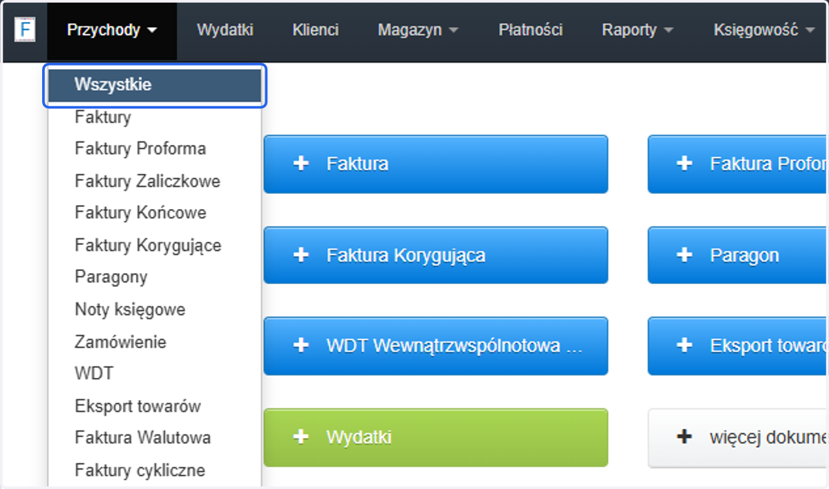 Następnie z listy wybierz 'Wszystkie', by przejść na pełną listę dokumentów sprzedażowych na koncie.