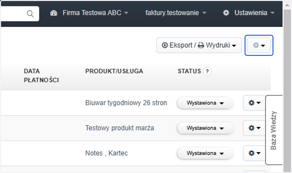 Kliknij ikonę zębatki dostępną w prawym górnym rogu listy dokumentów (obok przycisku 'Eksport/Wydruki').