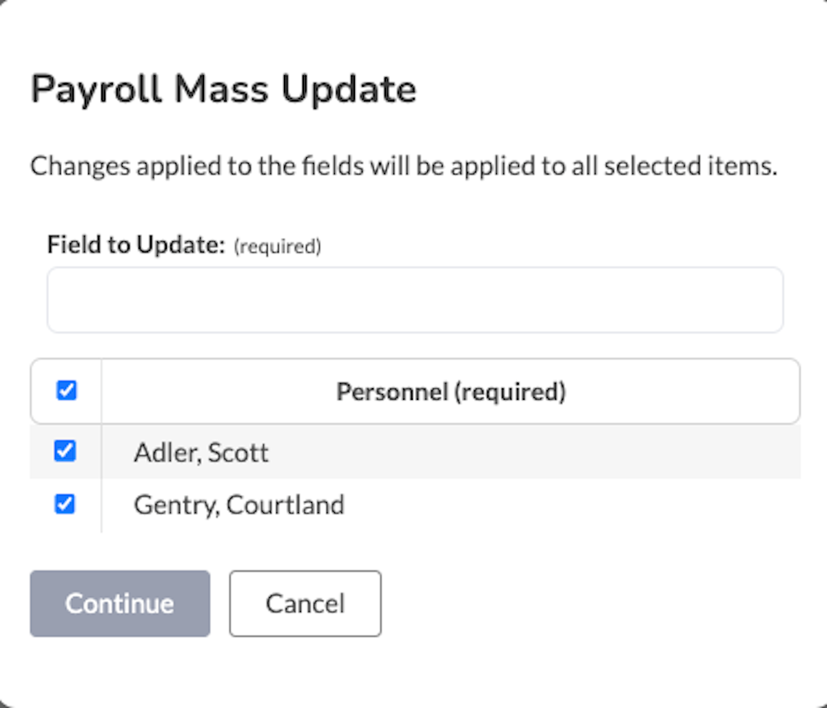 The Payroll Mass Update window will appear.