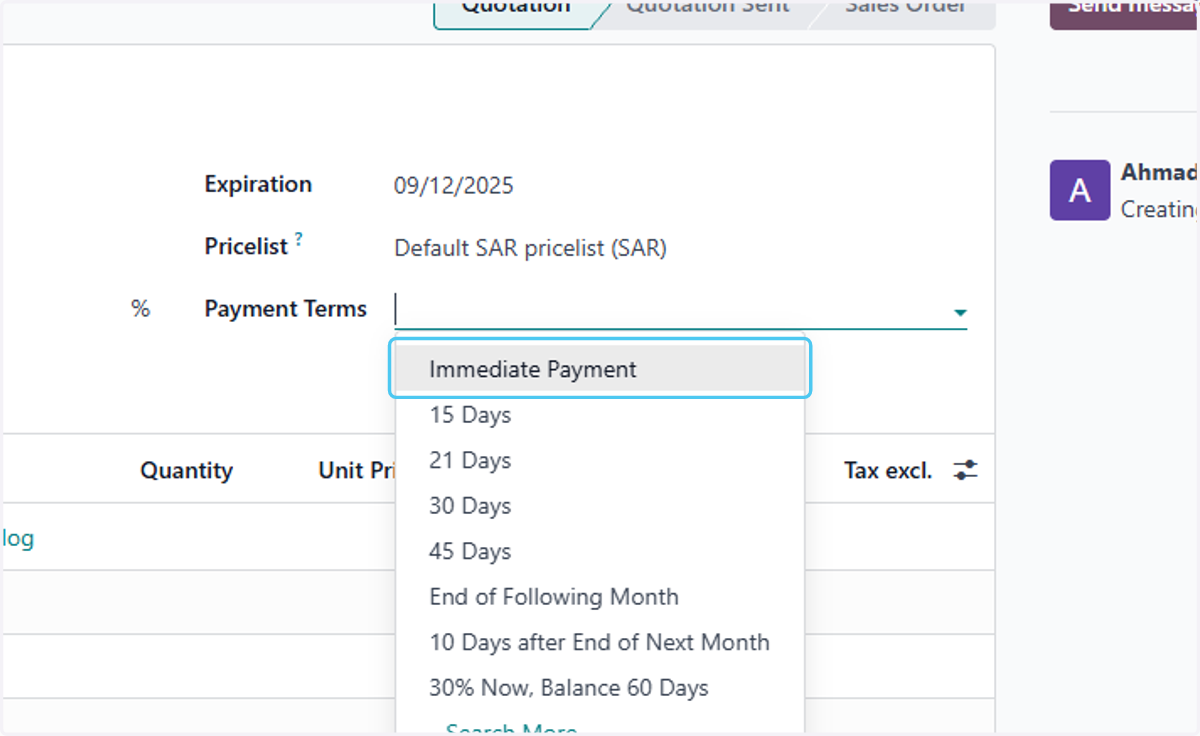 select the Payment Terms