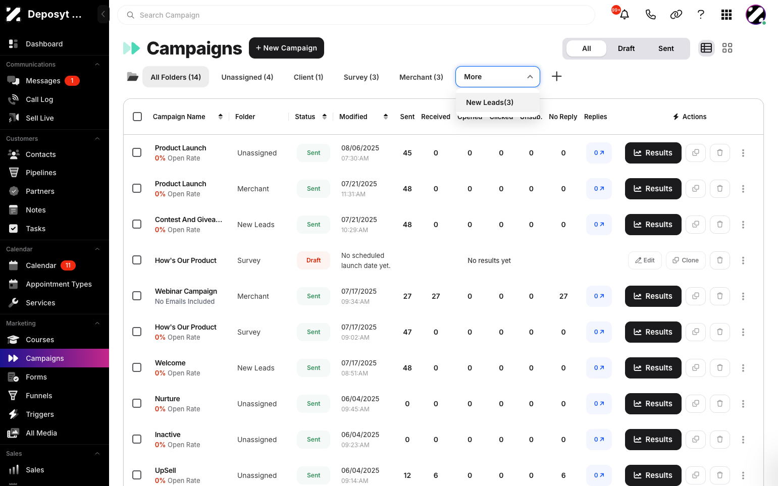 Step 4: Select a folder, and all campaigns under that folder will be displayed.